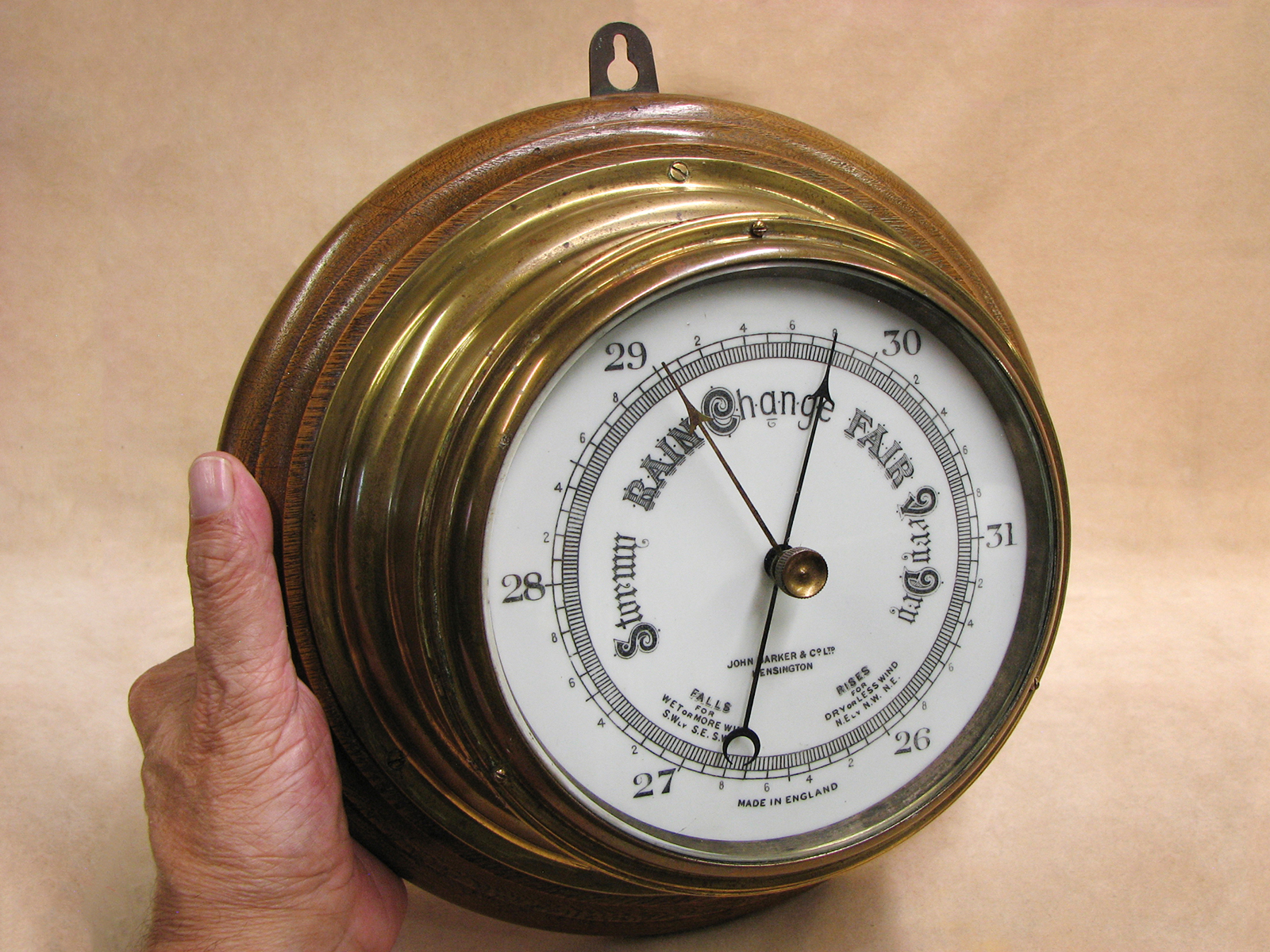 Antique Ships aneroid bulkhead barometer signed John Barker Kensington